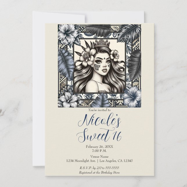 Invitation Princesse Polynésienne Fleur Bleue Tribale Douce 1 (Devant)