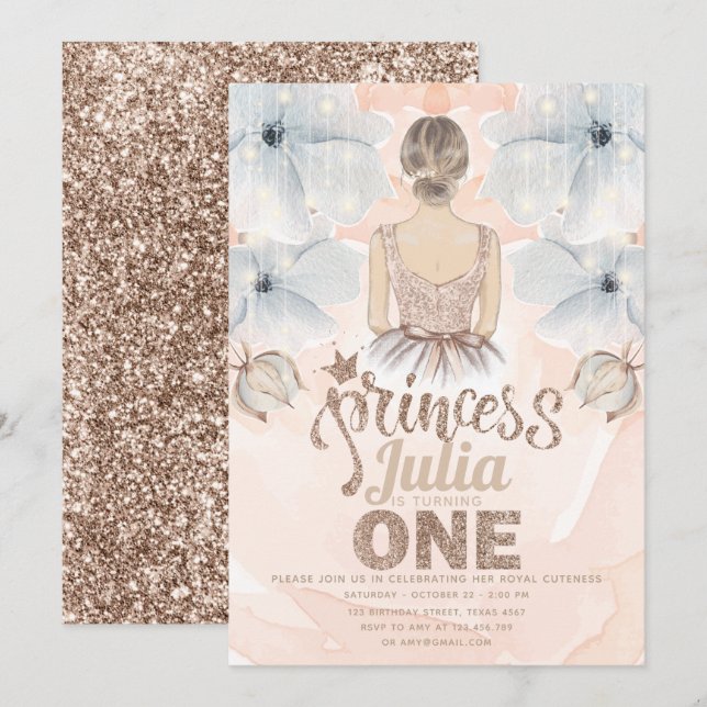 Invitation Princesse Premier anniversaire parties scintillant (Devant / Derrière)