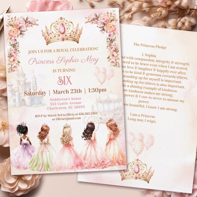 Invitation Princesse Promdge Couronne rose Floral Girl Annive (Princess Pledge Crown Pink Floral Girl Birthday Invitation)