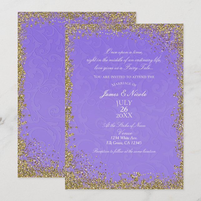 Invitation Princesse Purple Damask Storybook Mariage élégant (Devant / Derrière)