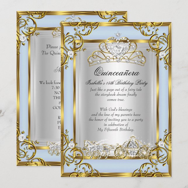 Invitation Princesse Quinceanera 15e anniversaire Bleu (Devant / Derrière)