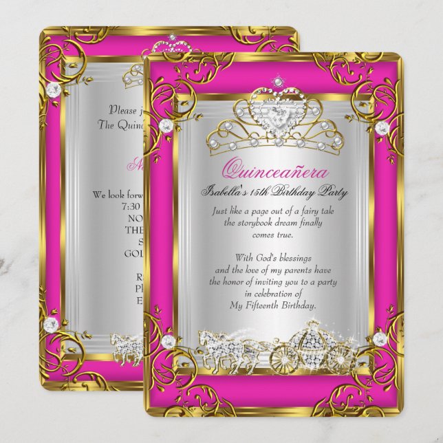 Invitation Princesse Quinceanera 15e anniversaire Or rose (Devant / Derrière)