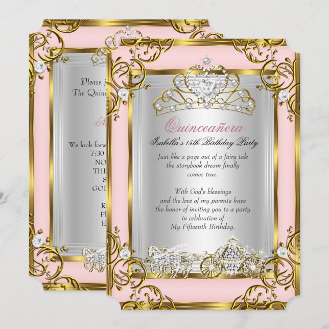 Invitation Princesse Quinceanera 15e Anniversaire rose (Devant / Derrière)