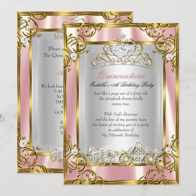 Invitation Princesse Quinceanera 15e Anniversaire rose Peach  (Devant / Derrière)