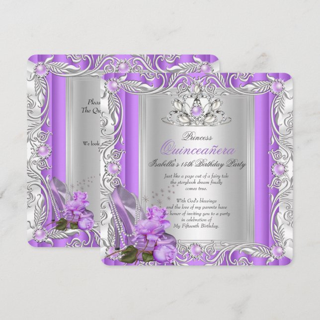 Invitation Princesse Quinceanera 15e anniversaire Rose violet (Devant / Derrière)