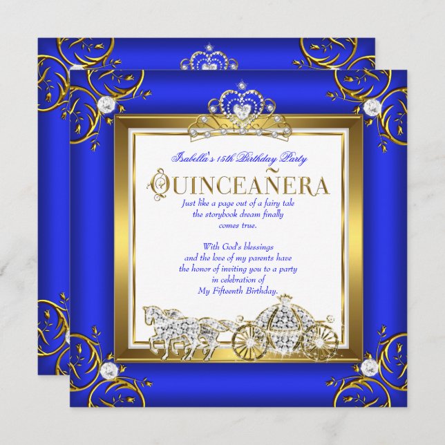 Invitation Princesse Quinceanera 15e anniversaire Royal Blue  (Devant / Derrière)