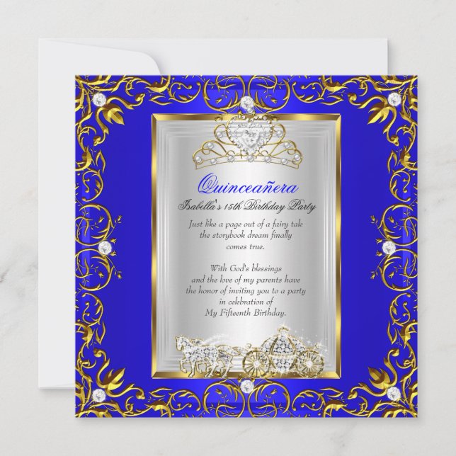 Invitation Princesse Quinceanera 15e anniversaire Royal Blue  (Devant)