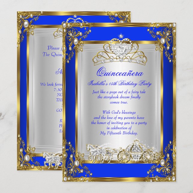 Invitation Princesse Quinceanera 15e anniversaire Royal Blue (Devant / Derrière)