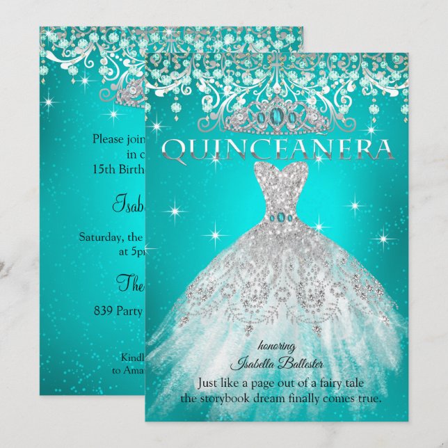 Invitation Princesse Quinceanera 15e anniversaire Turquoise B (Devant / Derrière)