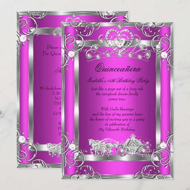Invitation Princesse Quinceanera 15e Parti Pink Silver (Devant / Derrière)