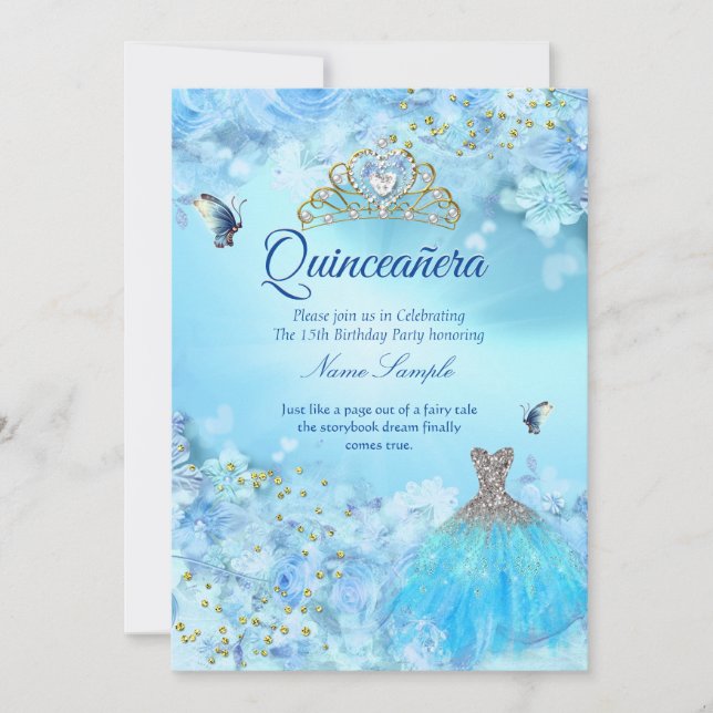 Invitation Princesse Quinceanera cinderella robe bleue floral (Devant)