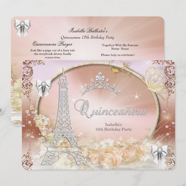 Invitation Princesse Quinceanera Crème Magique Argent (Devant / Derrière)