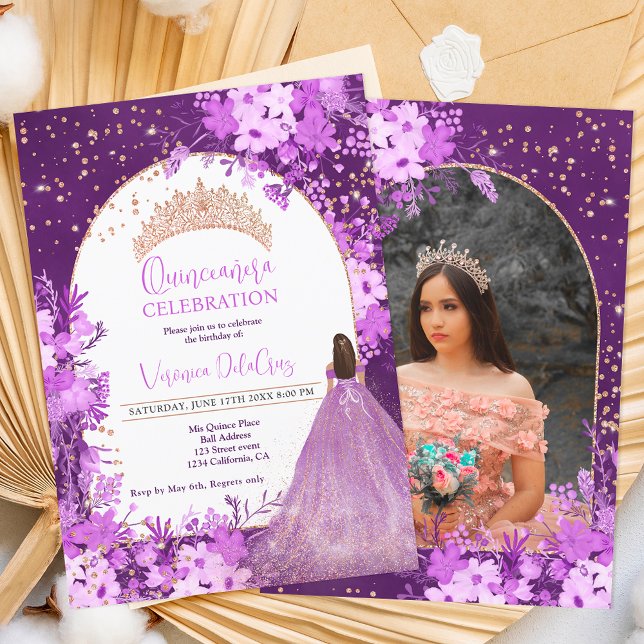 Invitation princesse quinceanera de tiara à fleurs violet d'o (Créateur téléchargé)