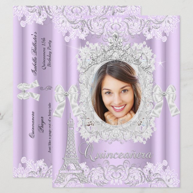 Invitation Princesse Quinceanera dentelle violette photo gran (Devant / Derrière)