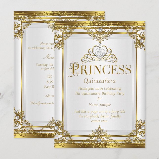 Invitation Princesse Quinceanera Elegant Gold White Pearl 2 (Devant / Derrière)