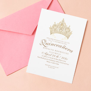 Invitation Princesse Quinceañera Elegant White Gold Crown