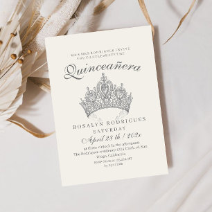Invitation Princesse Quinceañera Elégante Couronne argent Bei