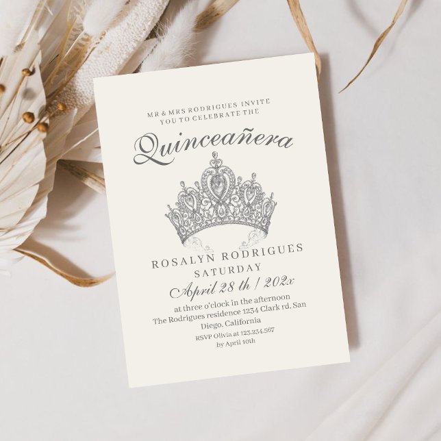 Invitation Princesse Quinceañera Elégante Couronne argent Bei (Créateur téléchargé)