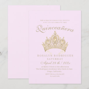 Invitation Princesse Quinceañera Elégante Couronne or rose