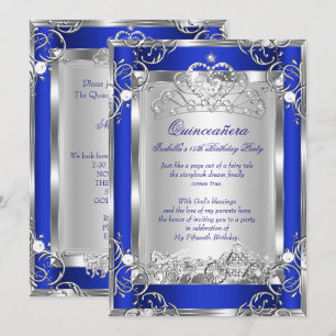 Invitation Princesse Quinceanera Fête 15 ans Bleu Foncé Argen