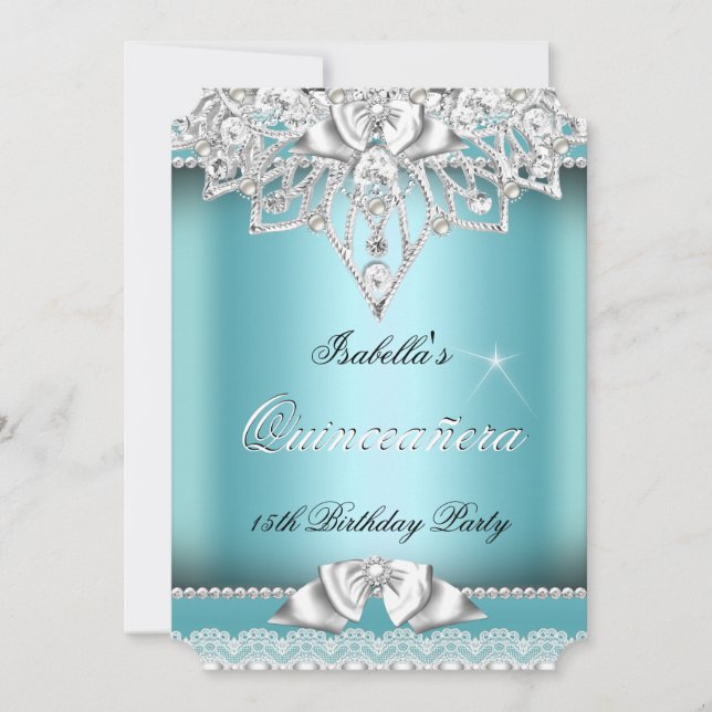 Invitation Princesse Quinceanera Fille Dentelle Turquoise 15e (Devant)