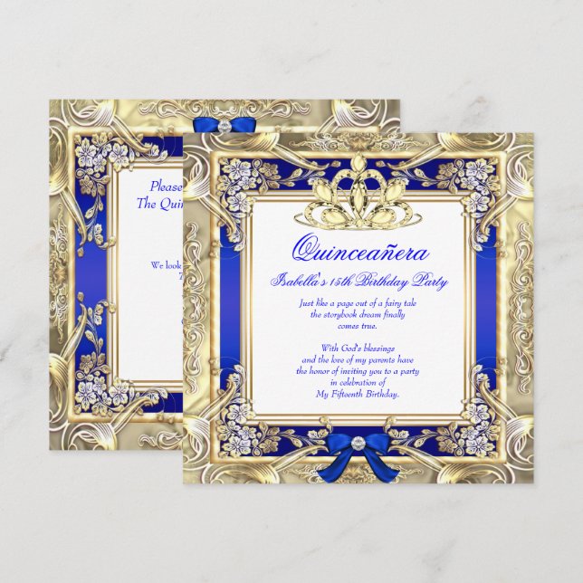 Invitation Princesse Quinceanera Gold Royal Blue Silver White (Devant / Derrière)
