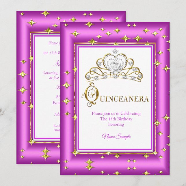 Invitation Princesse Quinceanera Gold violet rose Anniversair (Devant / Derrière)