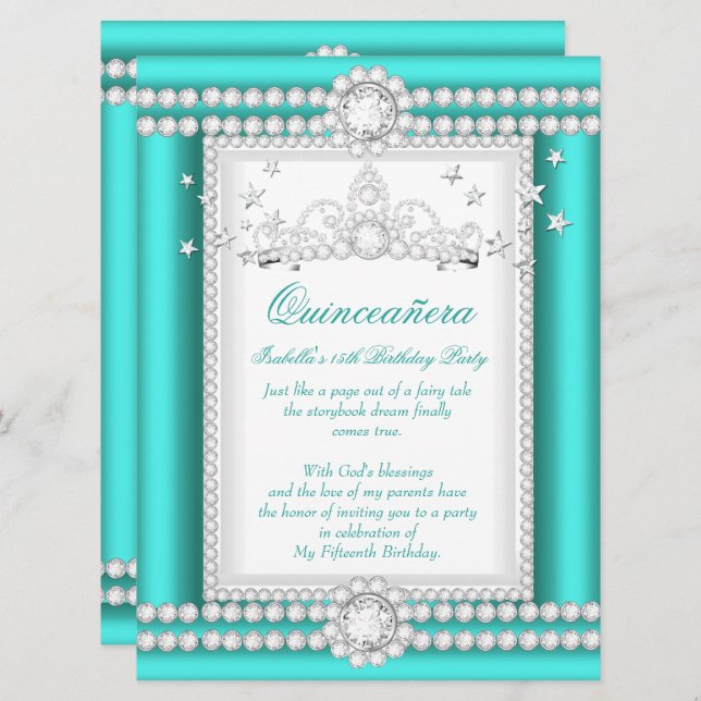Invitation Princesse Quinceanera Jade Diamant Turquoise Tiara (Devant / Derrière)
