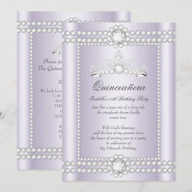 Invitation Princesse Quinceanera Lilac Silver Diamond Tiara (Devant / Derrière)
