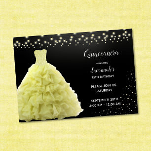 Invitation Princesse Quinceanera noire robe jaune lumières