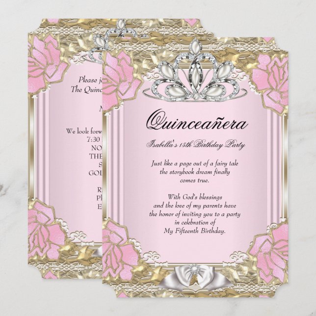 Invitation Princesse Quinceanera Or rose 15e anniversaire fêt (Devant / Derrière)