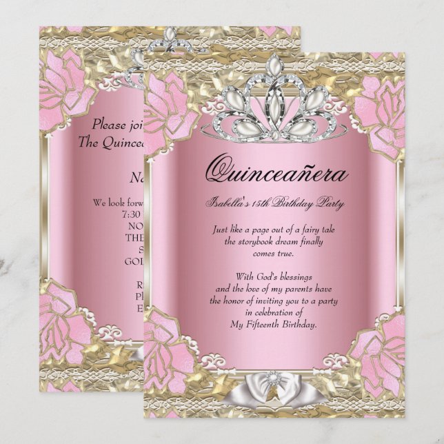 Invitation Princesse Quinceanera Or rose 15e anniversaire fêt (Devant / Derrière)