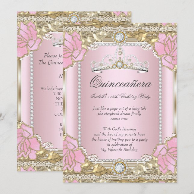 Invitation Princesse Quinceanera Or rose Diamant Tiara (Devant / Derrière)