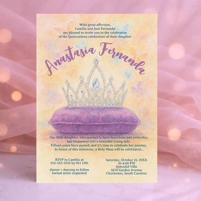 Invitation Princesse Quinceañera Pastel Aquarelle Couronne (Princess Quinceañera Pastel Watercolor Crown Invitation)