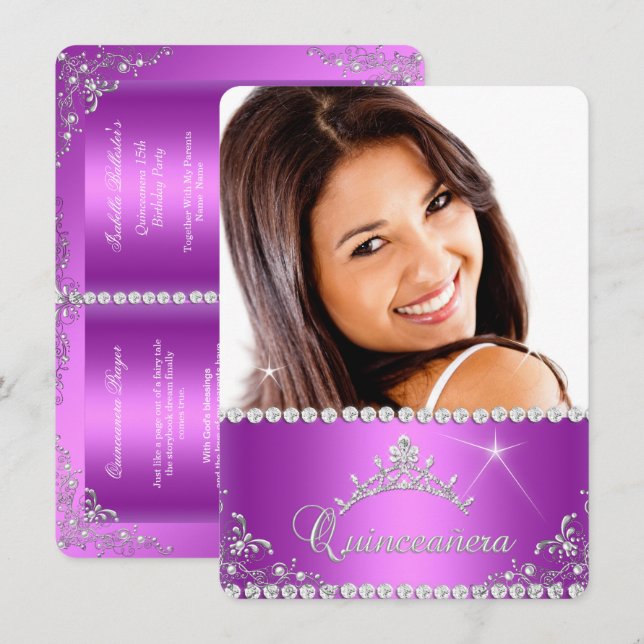 Invitation Princesse Quinceanera Photo rose violet (Devant / Derrière)