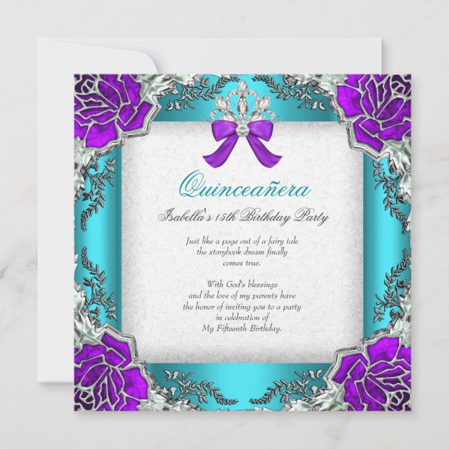 Invitation Princesse Quinceanera Purple Turquoise 15e anniver (Devant)