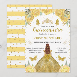 Invitation Princesse Quinceañera Robe Dorée Cheveux Rouges