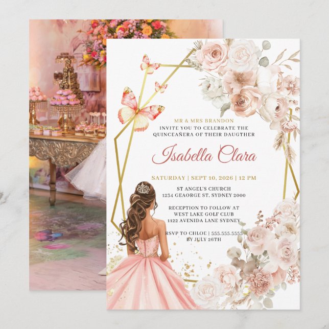 Invitation Princesse Quinceanera rose et or Florale (Devant / Derrière)