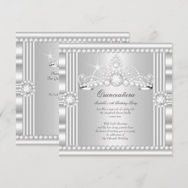 Invitation Princesse Quinceanera Tiara Silver White Satin (Devant / Derrière)