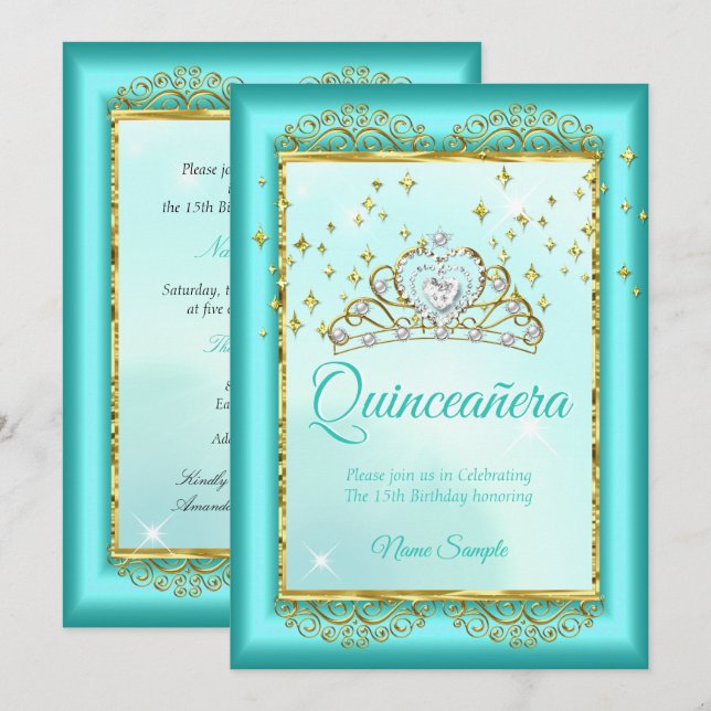 Invitation Princesse Quinceañera Turquoise Blue Gold Annivers (Devant / Derrière)