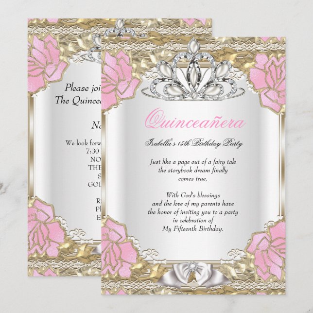 Invitation Princesse Quinceanera White Pink Gold 15e annivers (Devant / Derrière)