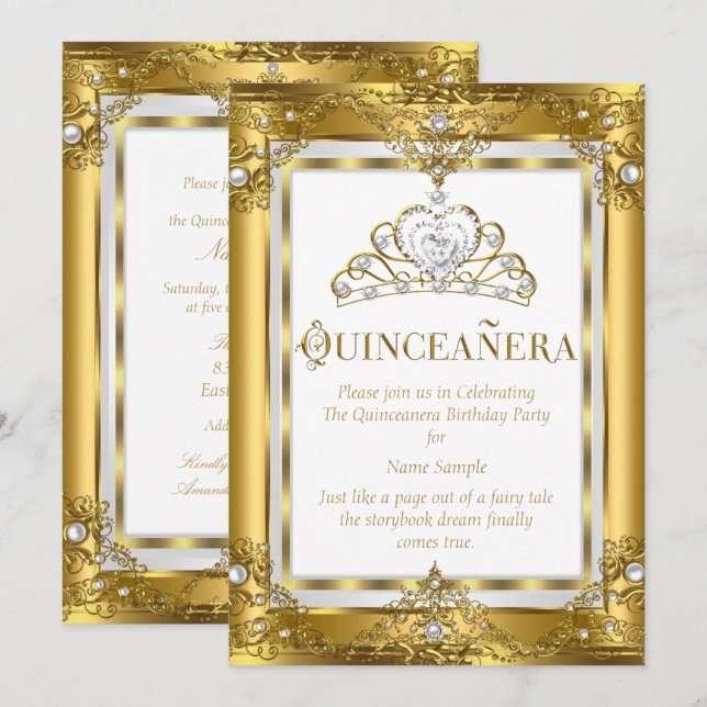 Invitation Princesse Régal Quinceanera 15e perle blanche d'or (Devant / Derrière)