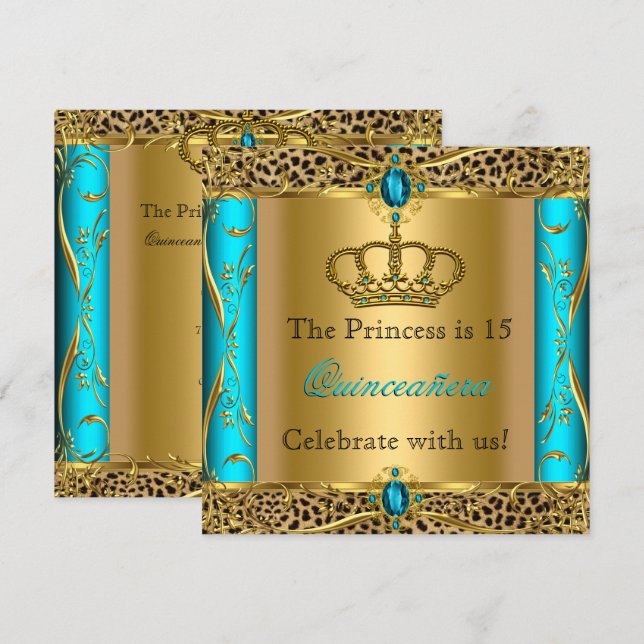 Invitation Princesse Regal Turquoise Leopard Quinceañera (Devant / Derrière)