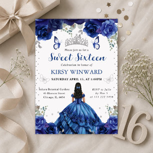 Invitation Princesse Robe Bleue Cheveux Noirs Sweet 16