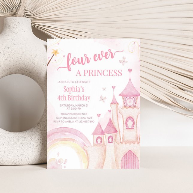 Invitation Princesse rose 4e fête d'anniversaire (Four Ever a Princess Birthday Party Invitation)