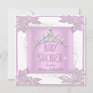 Invitation Princesse Rose Baby shower blanc fille Tiara