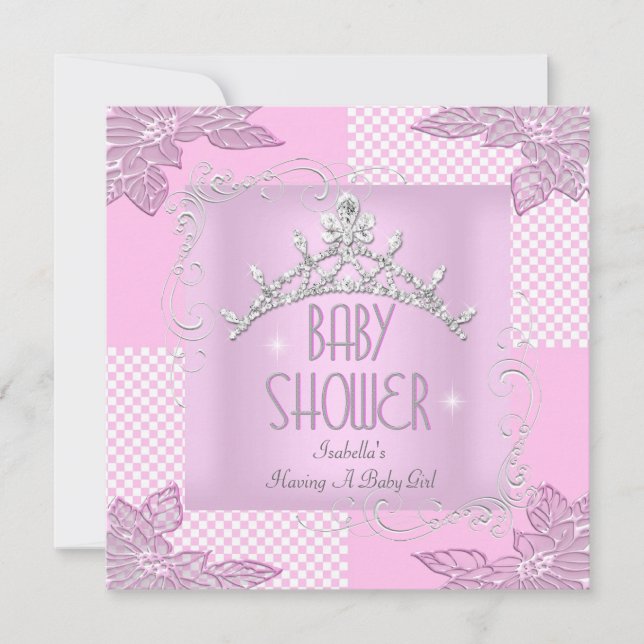 Invitation Princesse Rose Baby shower blanc fille Tiara (Devant)