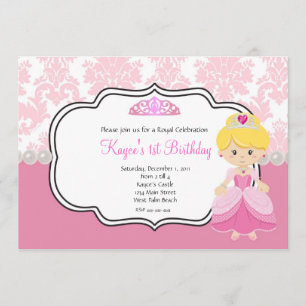 Invitation Princesse Rose cheveux blonds Damassé et Perles