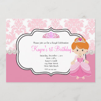 Invitation Princesse Rose Cheveux Rouges  Damassé et Perles