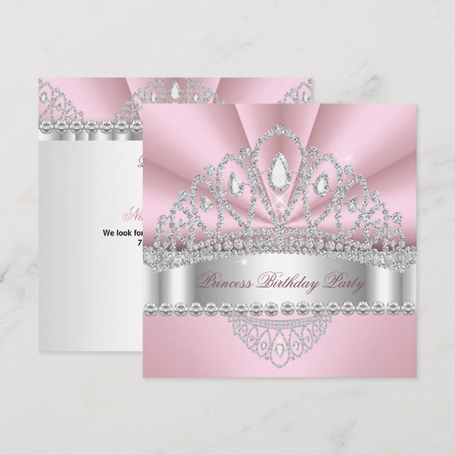 Invitation Princesse Rose Diamant Blanc Tiara fête d'annivers (Devant / Derrière)